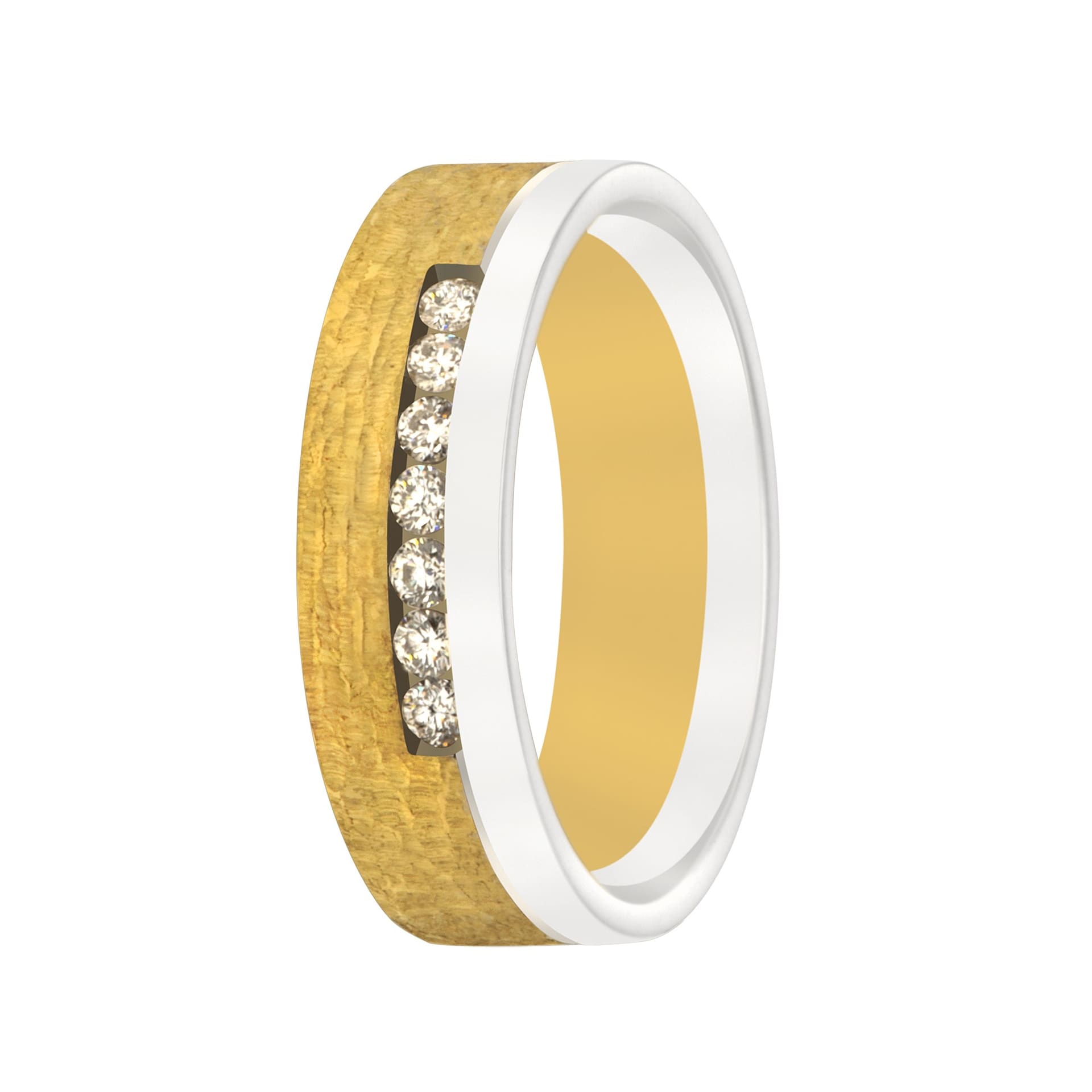 Ring met een geelgouden gehamerde buitenzijde, een witgouden rand en een rij gekanaliseerde briljantjes.