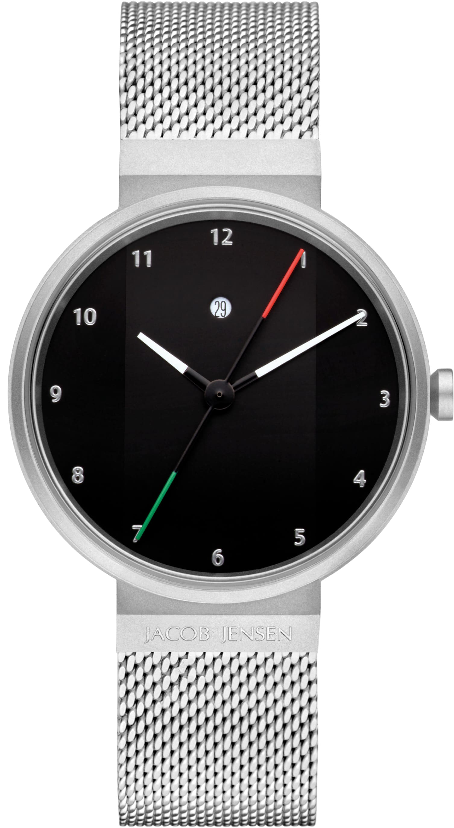 Jacob Jensen horloge met zwarte wijzerplaat, gekleurde secondewijzer en stalen mesh band.