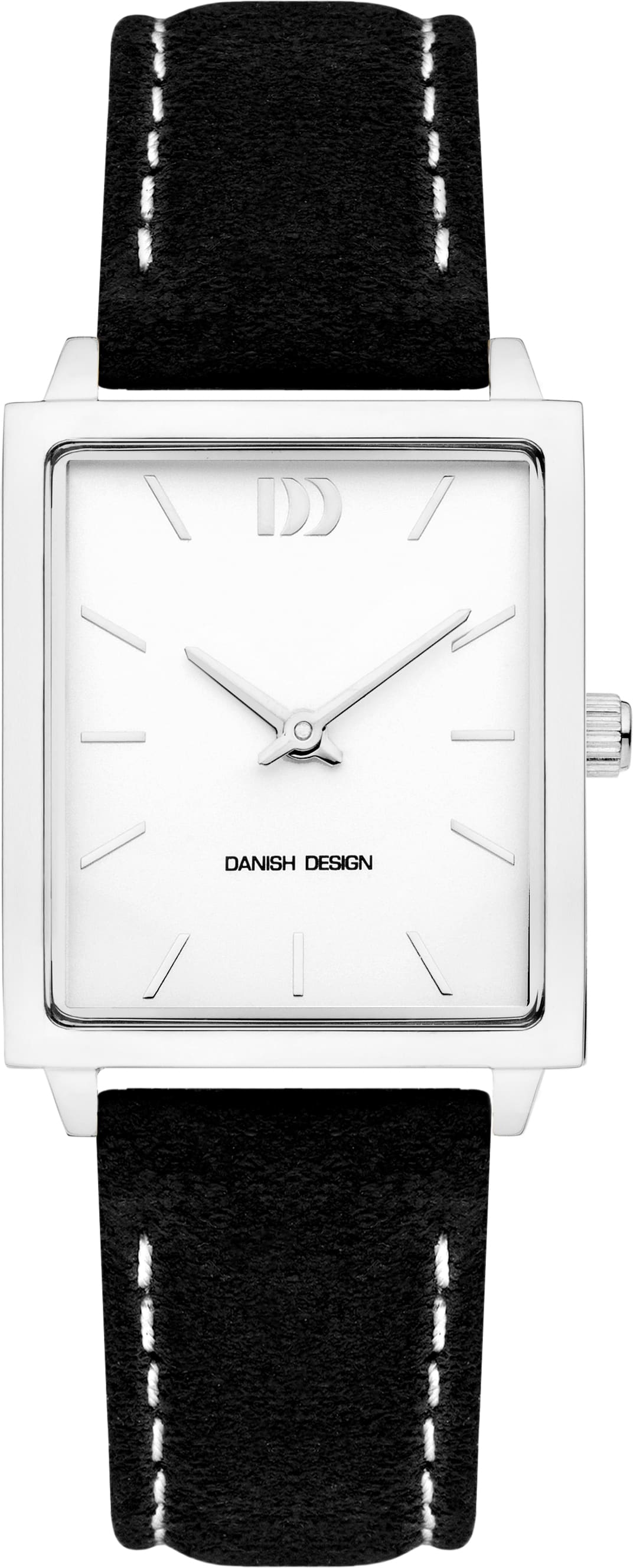 Vierkant Danish Design horloge met witte wijzerplaat en zwarte leren band.