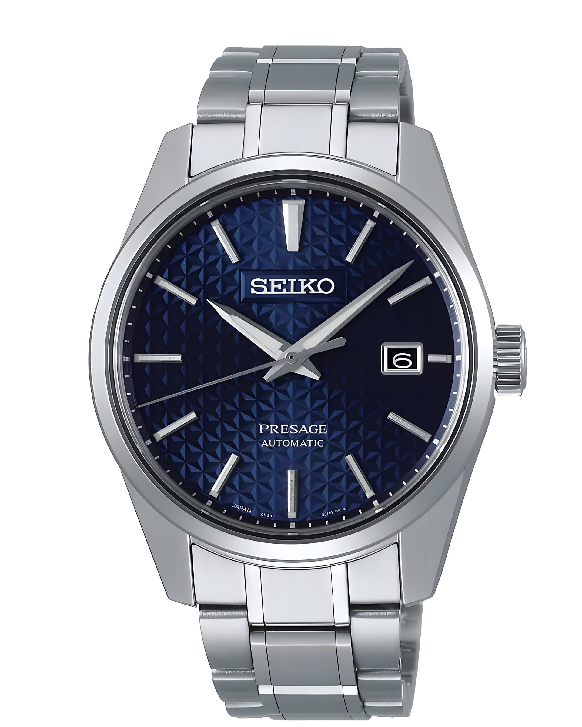 Seiko Presage met donkerblauwe wijzerplaat met reliëfmotief en gepolijste stalen kast.