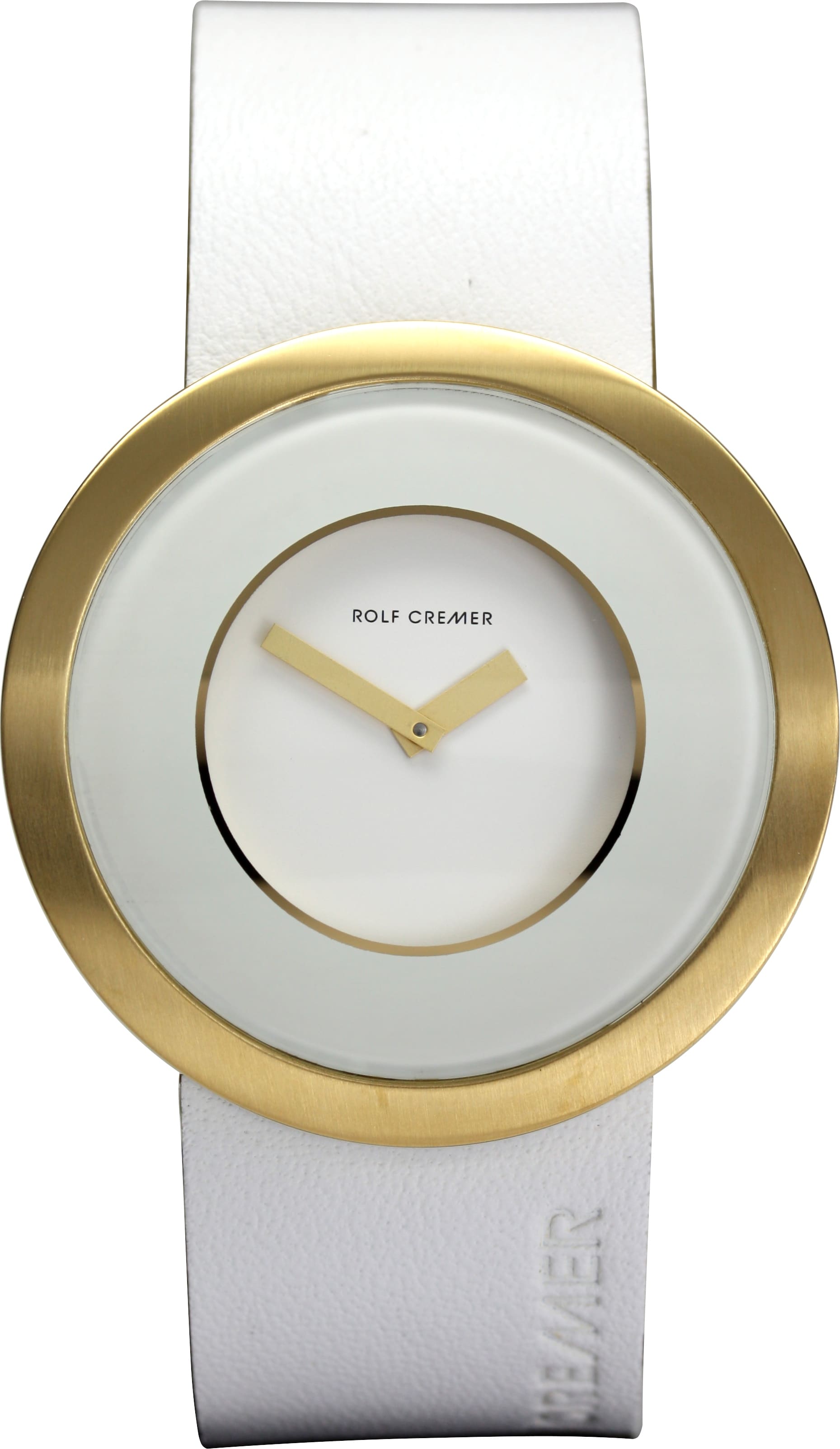 Rolf Cremer horloge met brede gouden ring om de wijzerplaat en witte leren band.