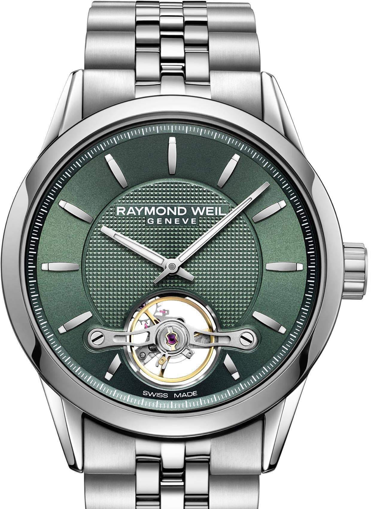 Raymond Weil horloge met groene gegraveerde wijzerplaat en zichtbaar onrust bij de zes.