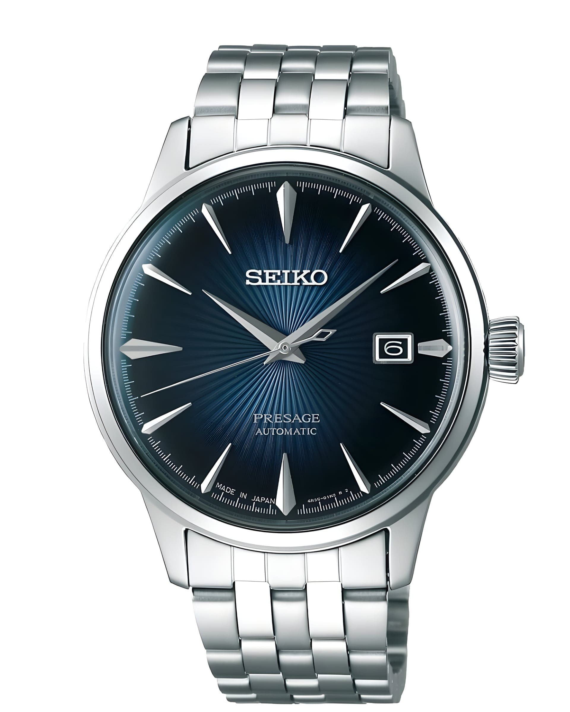 Seiko Presage automaat met diepblauwe wijzerplaat en stalen schakelband.
