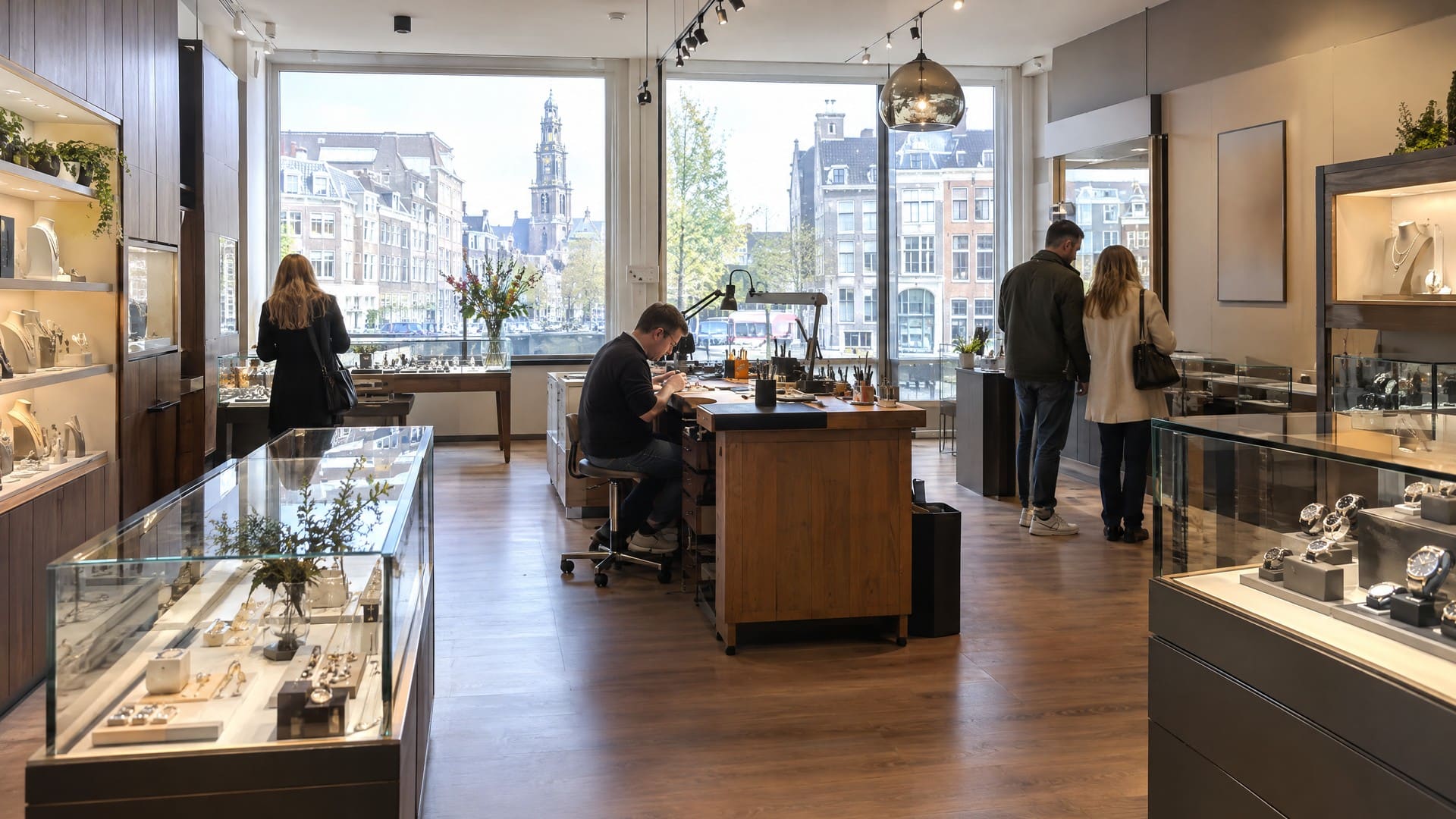 Interieur van een juwelierszaak met verlichte vitrines vol sieraden en horloges en een goudsmid aan de werkbank bij het raam.